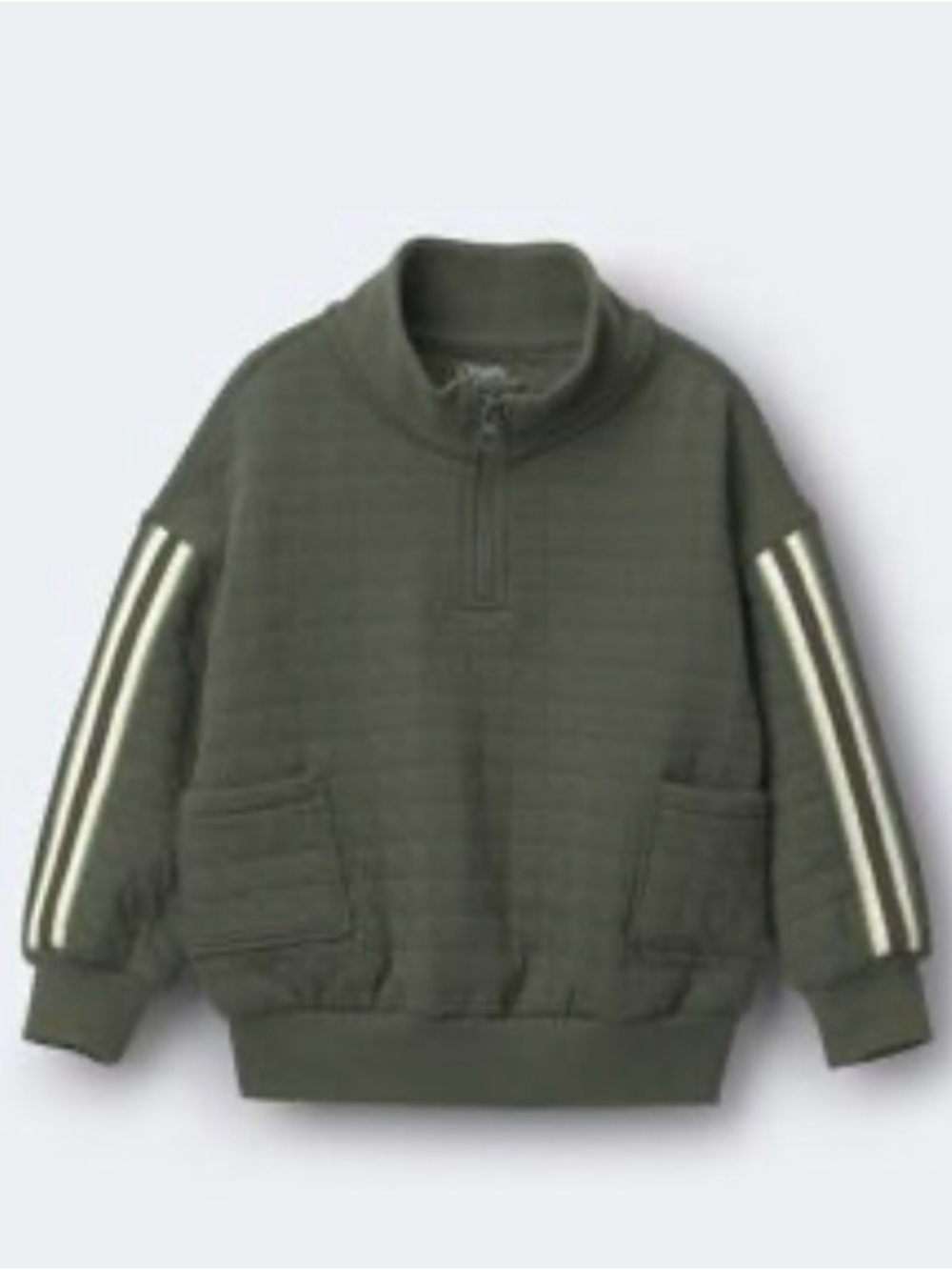 5T Olive Green quarter Zip Pullover with Cream Stripe Sleeves pockets